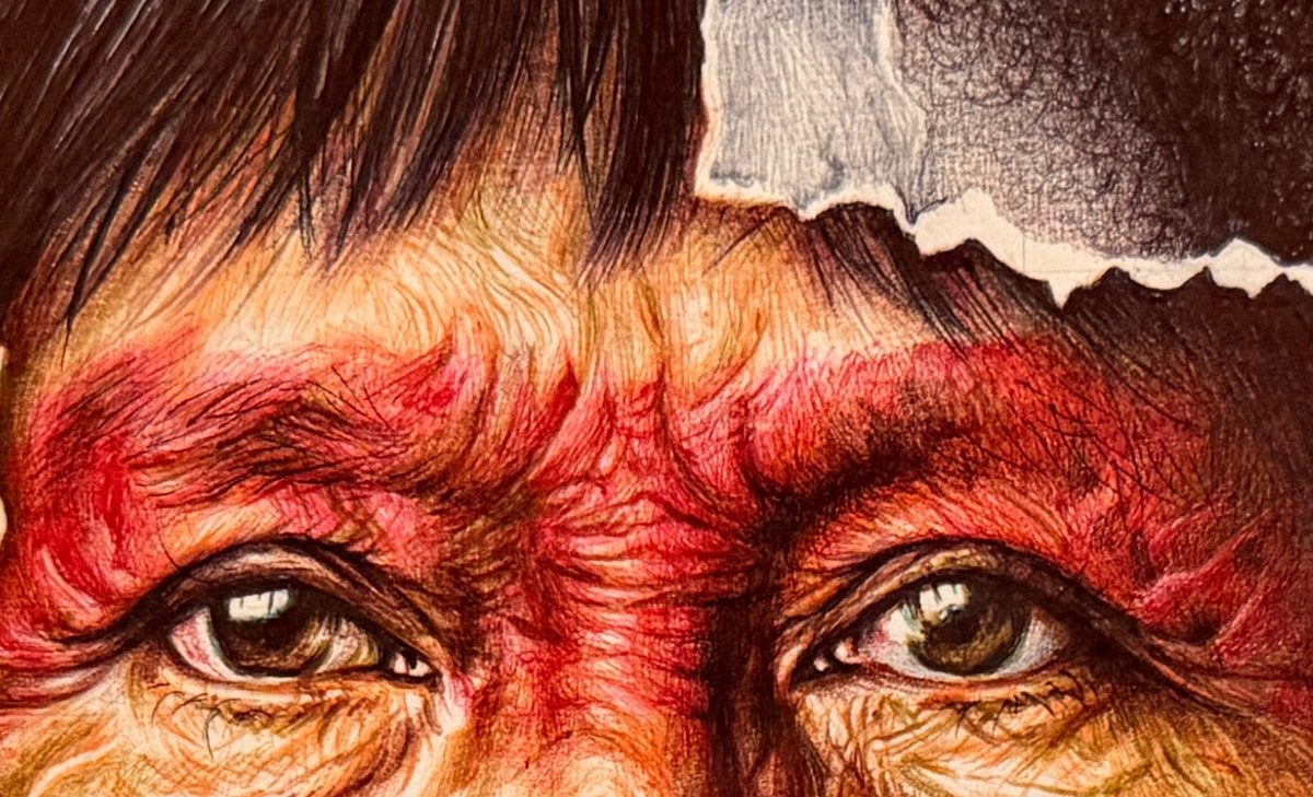 Detail of the eyes in A Cara do Brasil, showing layers of line and colour made with ballpoint pen.