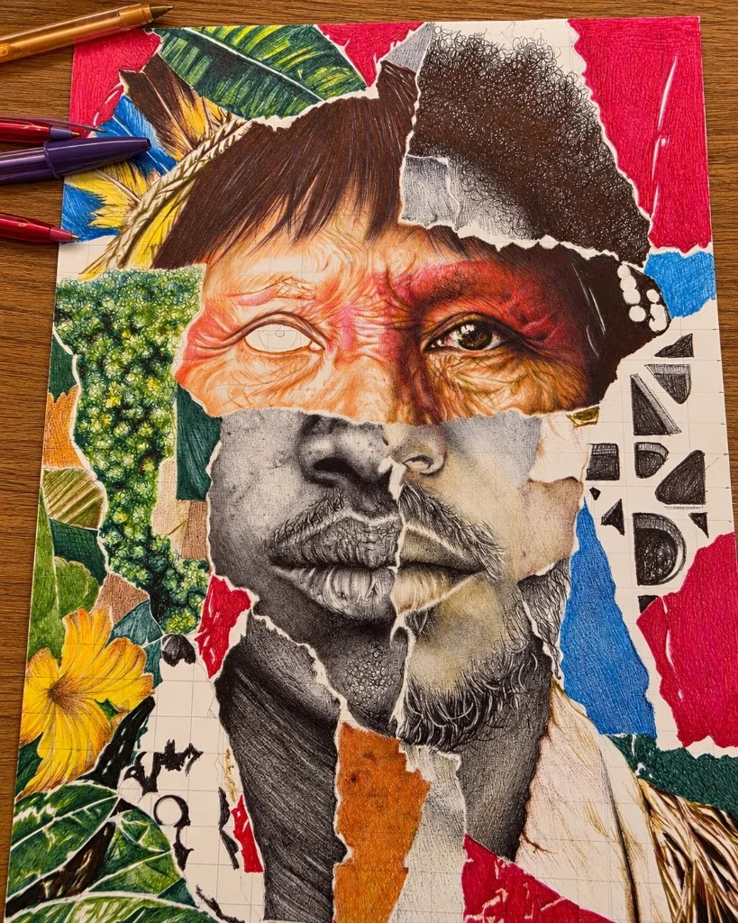 A Cara do Brasil in process, with faces, colours and textures being developed in ballpoint pen.