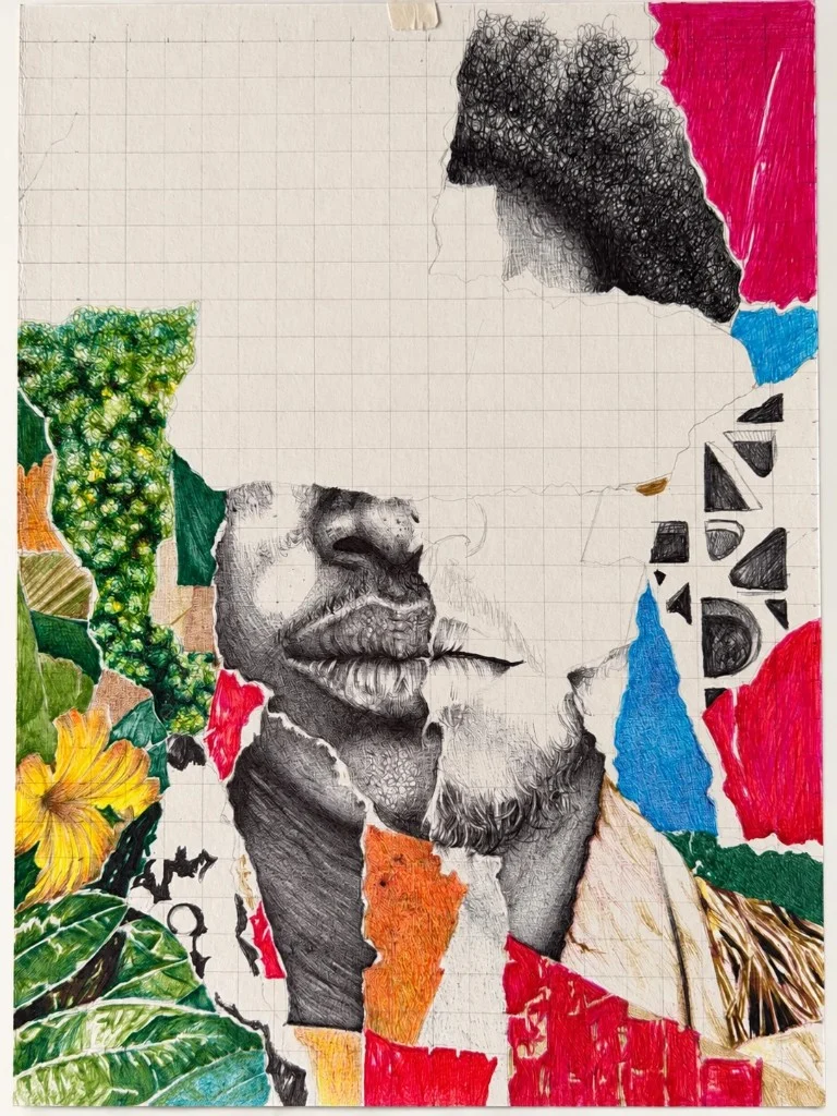 Early stage of A Cara do Brasil, by Cíntia Cris, with the reference grid and parts of the drawing still under construction.