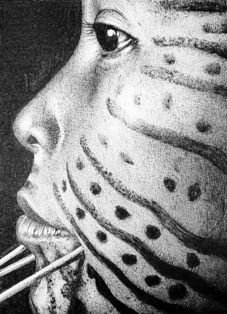 Black-and-white profile portrait by Cíntia Cris drawn in ballpoint pen, with facial markings and strong contrast.