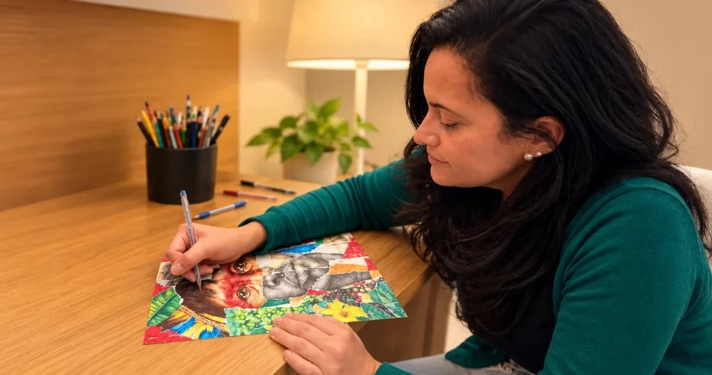 Cíntia Cris drawing A Cara do Brasil in ballpoint pen in her workspace.