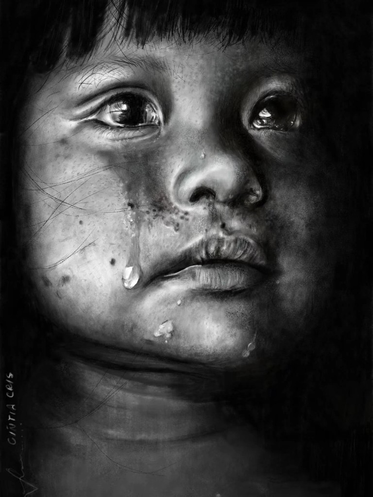 Black-and-white portrait of a child with a tear on the face, a work by Cíntia Cris